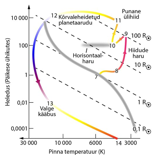 Päikesesarnase tähe areng H-R diagrammil punasest ülihiiust planetaaruduks ja sealt edasi jahtuvaks valgeks kääbuseks