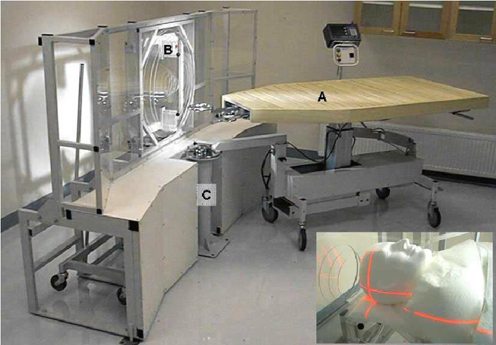 Protseduurilaud (A) ja kiirgussimulatsiooni seadmed (B). Laud fikseeritakse dokkimissüsteemiga (C). Ülemisel Väikesel pildil on näha patsiendi asendit protseduuri ajal. Patsient fikseeritakse vaakumpatjadega<br>