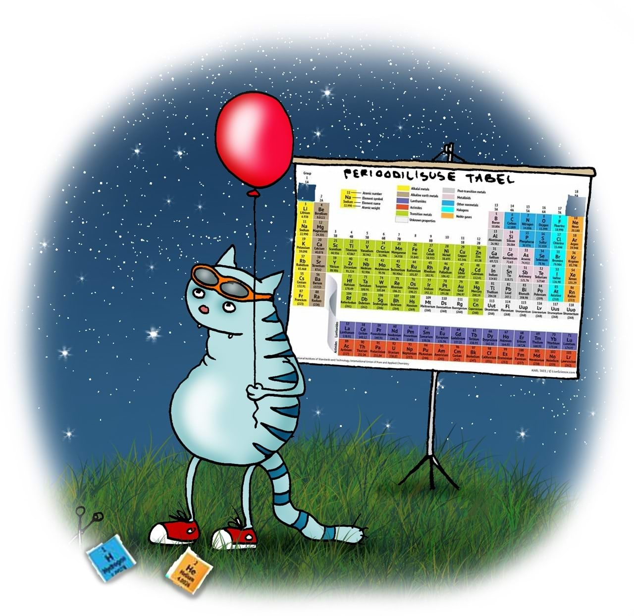 Kass mendelejevi tabeliga, heeliumiga õhupall käes